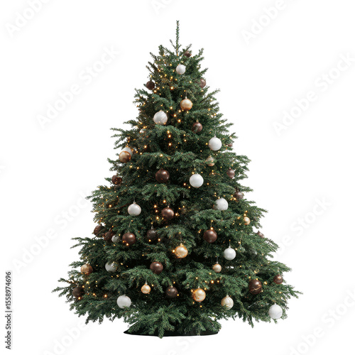 Decorated Christmas Tree with Gold, Brown, and White Ornaments and Lights