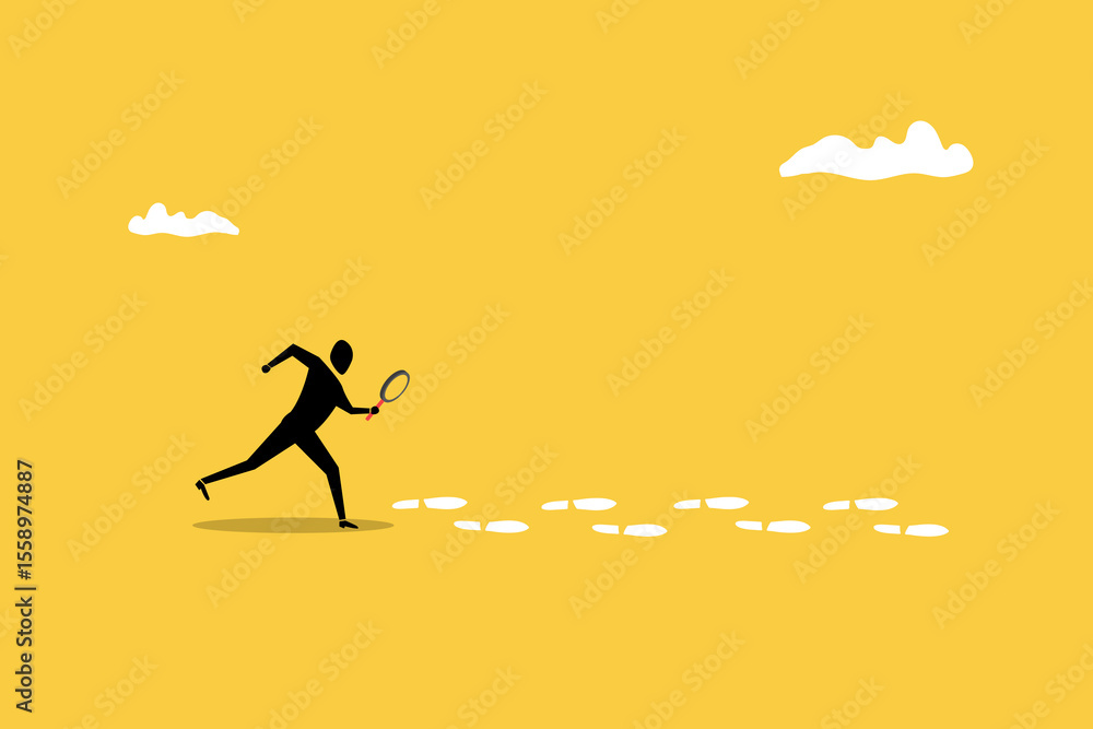 Businessman using magnifying glass investigating foot steps Businessman using magnifying glass investigating foot steps