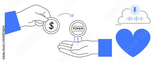 Hand exchanging dollar coins for token coins, voice data cloud, heart icon. Ideal for digital currency, blockchain, finance, collaboration, payment system, tech innovation simple landing page