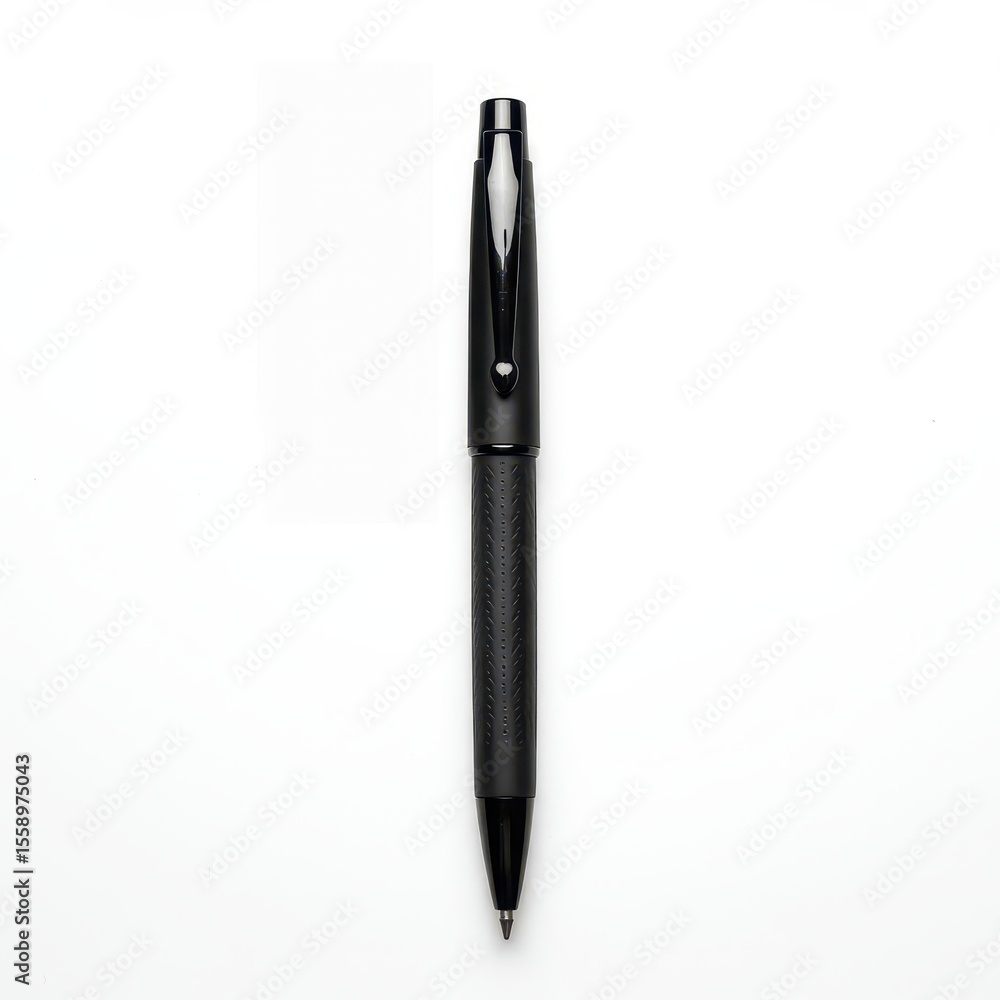 Sleek black ballpoint pen with textured grip and metal clip, isolated on white background, ideal for office or professional use. Sleek black ballpoint pen with textured grip and metal clip, isolated on white background, ideal for office or professional use.
