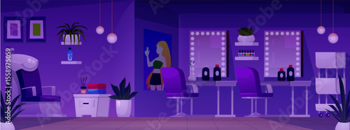 Beauty salon at night, fashion service studio dark interior, Nail and hairdressing salon vector flat illustration
