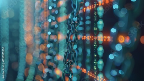 Streams of digital information cascading down in an organized display representing the complex and efficient nature of blockchain technology.