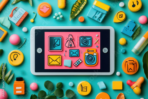 Colorful icons on a tablet screen.