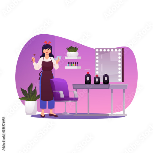 Make-up artist, stylist working in Beauty salon vector flat illustration, cartoon fashion service studio pink interior