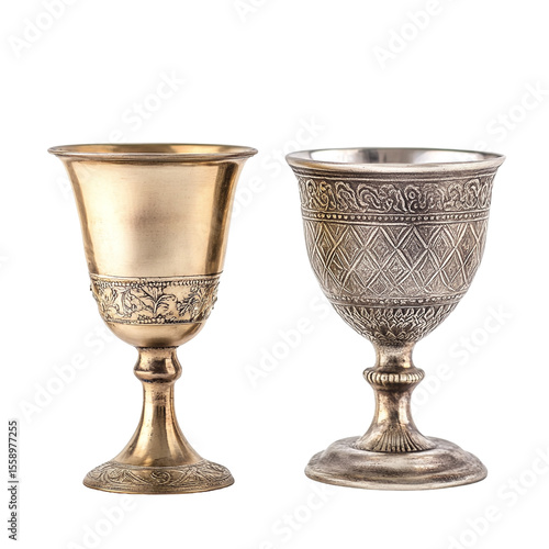 Two ornate goblets one gold one silver displayed against a black background