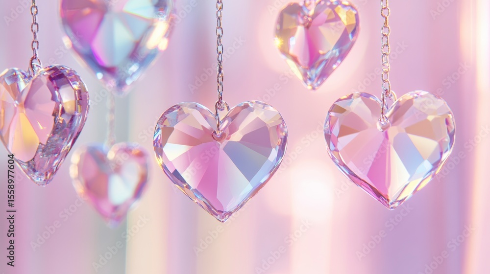 Iridescent crystal hearts hanging against a soft pink background. Iridescent crystal hearts hanging against a soft pink background.