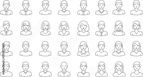 Collection of diverse outline avatar icons representing various genders and hairstyles in a grid format