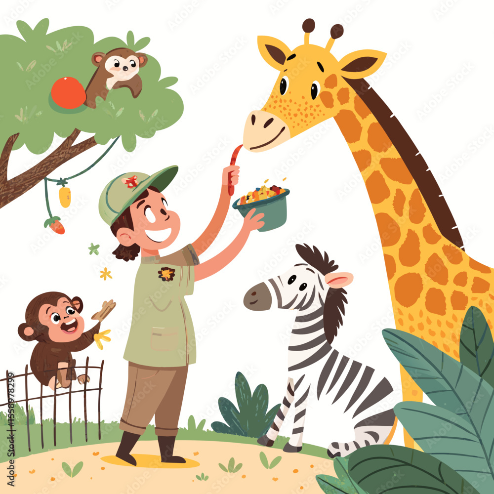 Naklejka premium create vector bold stroke a zookeeper feeding an