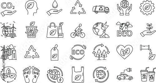 Collection of environmental and ecological icons in a line art style on a white background