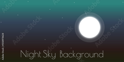 night sky with a gradient from dark blue to dark green. It shows a white round moon and several small white stars scattered across the sky. 