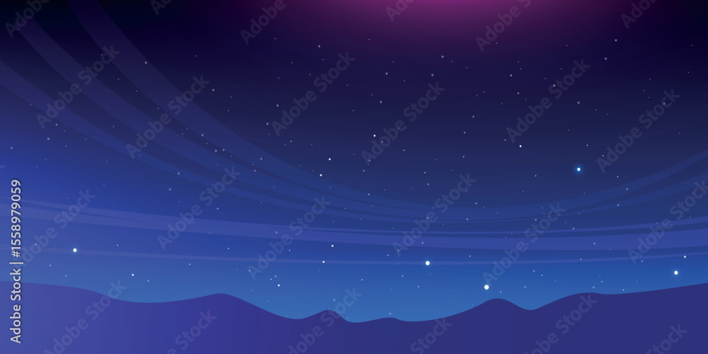 Obraz premium night sky with stars scattered across the sky and wavy stripes that create the effect of movement and silhouettes of mountains or hills that add depth to the landscape.