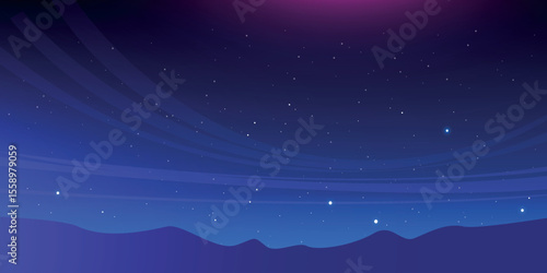 night sky with stars scattered across the sky and wavy stripes that create the effect of movement and silhouettes of mountains or hills that add depth to the landscape.