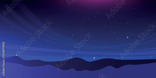 night sky with stars scattered across the sky and wavy stripes that create the effect of movement and silhouettes of mountains or hills that add depth to the landscape.