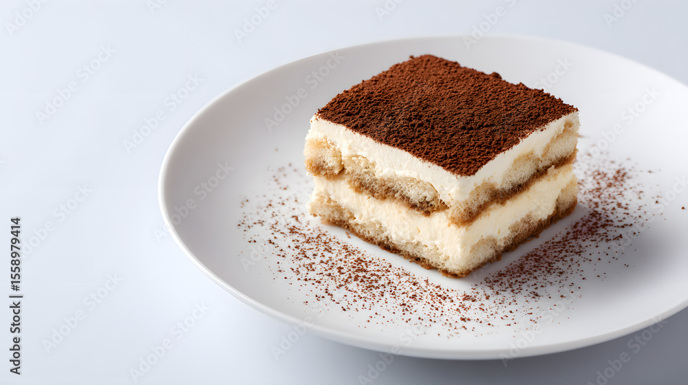 Top view of a classic tiramisu dessert on a white plate, styled for commercial food photography with clean lighting. Top view of a classic tiramisu dessert on a white plate, styled for commercial food photography with clean lighting.