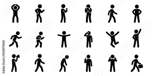 Stickman avatar set in multiple standing and expressive postures with minimal black silhouette