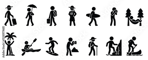 Stickman vacation and beach activity icon set with surfing, fishing, hiking, and lounging poses in silhouette