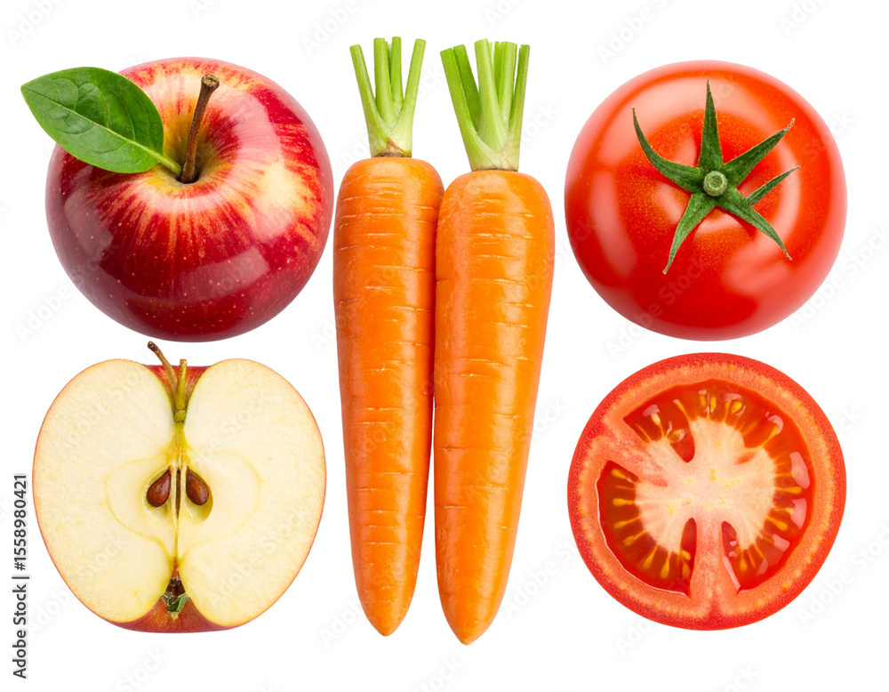 Naklejka premium Minimalist Group of Whole and Sliced Fruits & Veggies, Iconic Composition, PNG