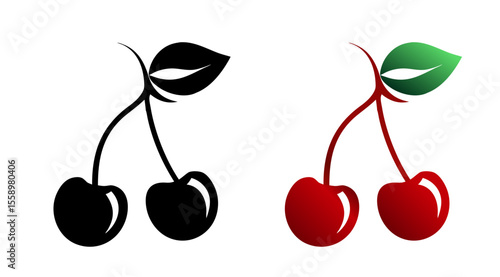 Cherry icon in natural gradient and black colors, silhouette designs