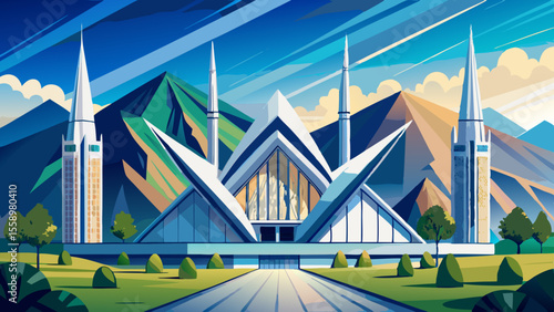 Faisal Mosque, Islamabad, Pakistan
A striking modern mosque with four angular minarets and a triangular white prayer hall. Nestled beneath the Margalla Hills, it glows under the crisp blue daylight 