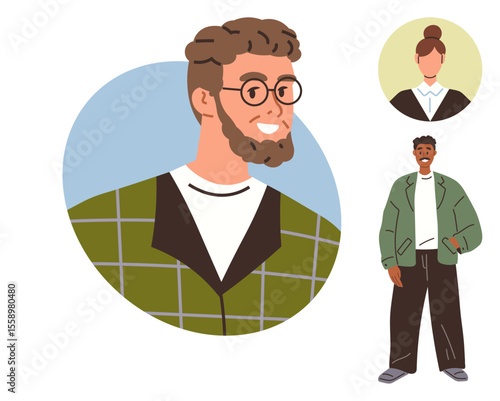 Diverse characters with modern outfits, glasses, hairstyles, and confident postures. Ideal for diversity, fashion, self-expression, modern culture, youth lifestyle individuality and creative