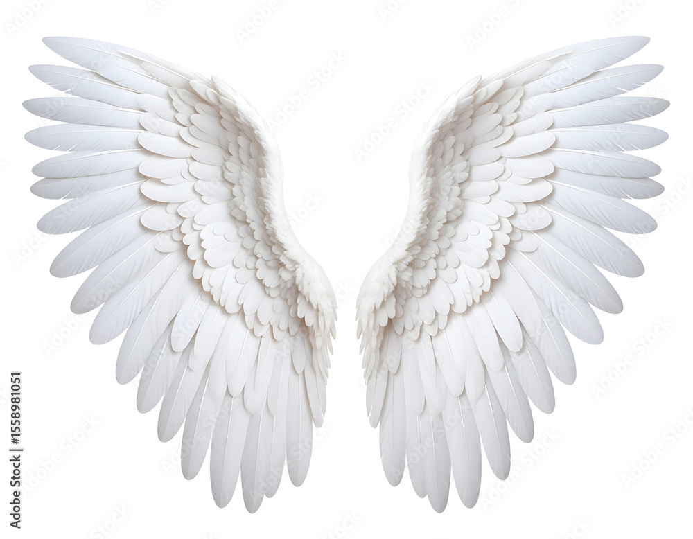 Fototapeta premium Stunning white feathered wings extend symmetrically, representing peace, hope, and heavenly inspiration.