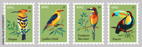 Set of postage stamps with colorful birds sitting on branches. Vibrant toucan, european bee eater, hoopoe bird and golden oriole on green background. Hand drawn vector. Cartoon. Sketch style.