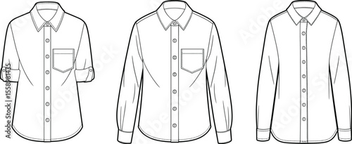 Classic Women's Collared Shirts: Versatile Long and Roll-Up Sleeve Button-Down Blouses for Everyday Style and Professional Wear, Fashion Flat Sketch Vector Illustration