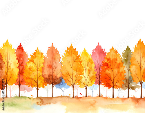 Vibrant watercolor trees showcase the rich and warm hues of a picturesque autumn season.