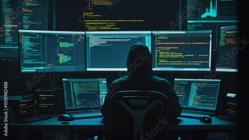 Programmer works on computer monitors, dark coding and cybersecurity concept