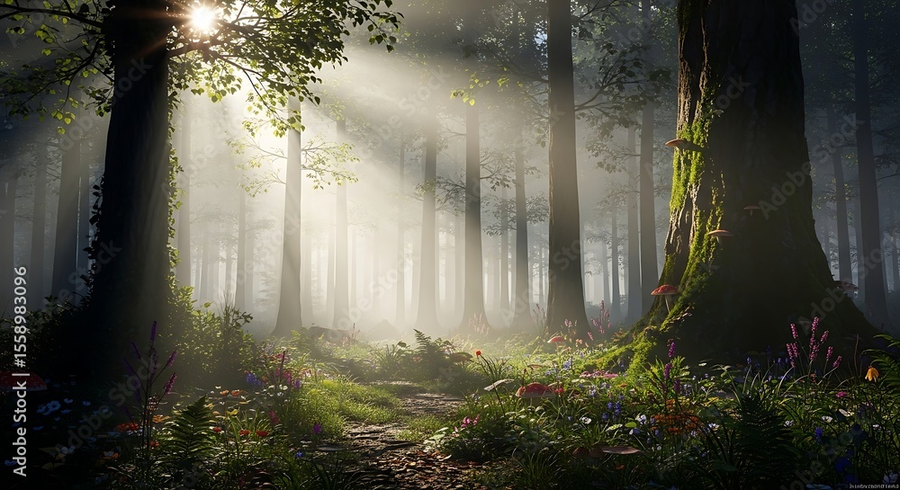 Fototapeta premium Sunbeams illuminate a mystical forest path, dappled light filtering through dense trees and misty air, revealing vibrant flora.