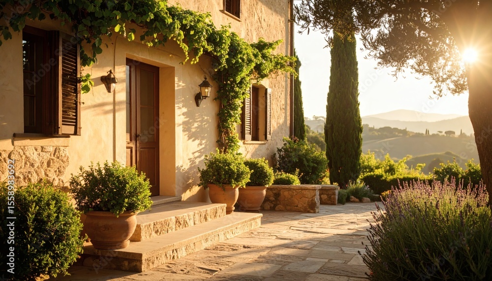 Fototapeta premium Tuscan Villa Courtyard at Sunset with Cypress Trees and Lavender