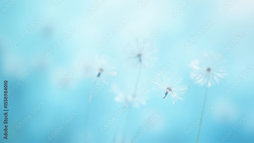 Naklejka premium Soft focus of dandelion seed heads against a blurred light blue background with delicate wisps of white seeds