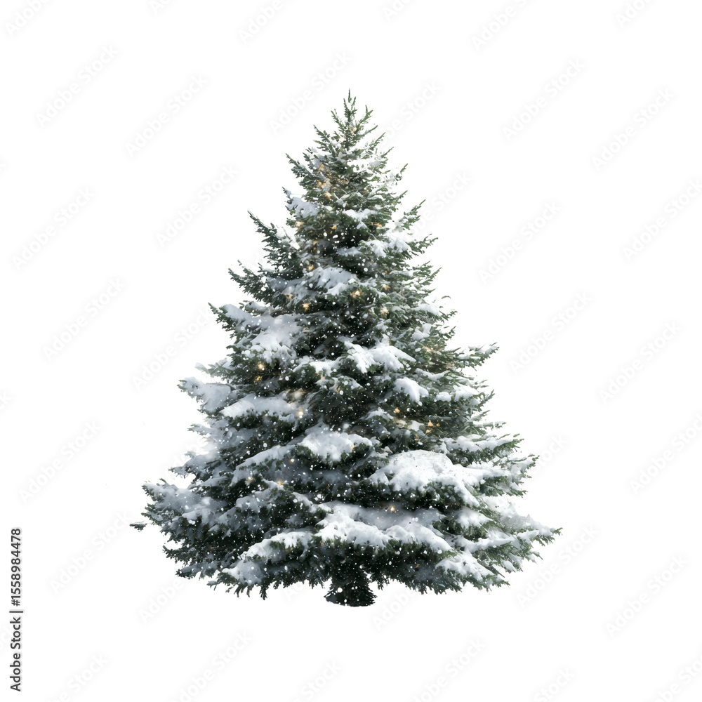 Fototapeta premium Snow-Covered Christmas Tree with Fairy Lights on White Transparent background