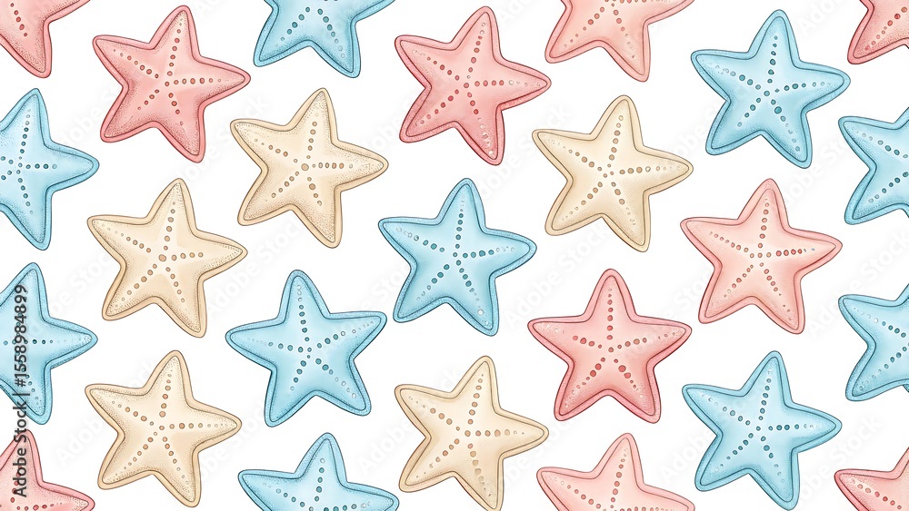 Obraz premium Colorful Starfish Pattern: Summer Ocean Themed Design with Pastel Stars, Ideal for Backgrounds and Creative Projects.