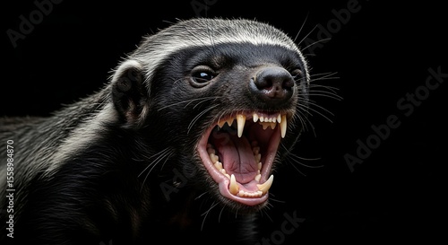 Close-up of a ferocious-looking honey badger with its mouth wide open, displaying sharp teeth.