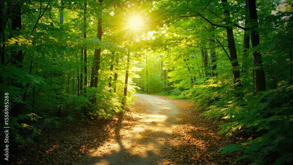 Fototapeta premium Sunlit forest path with green trees and foliage sunlight shining through the canopy creating shadows on the ground