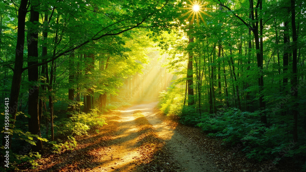 Obraz premium Sunlit forest path with tall green trees and sunlight streaming through the canopy creating a natural landscape scene