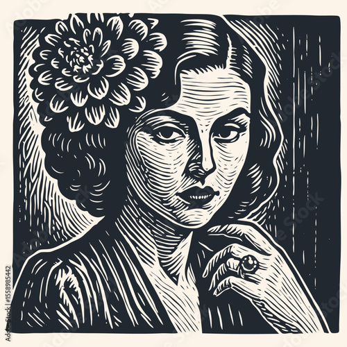 A portrait of a beautiful woman with a dahlia flower in her hair. Vector illustration in a classic vintage woodcut or linocut print style.