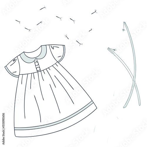 Whimsical dandelion fluff baby dress vector on a clean white background, featuring delicate seeds floating, perfect for nature themes, ethereal designs, or dreamy children's wear.