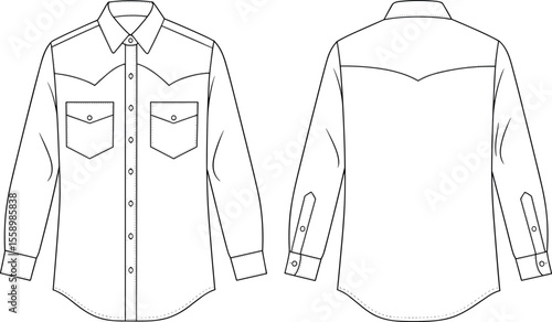 Classic Men's Long Sleeve Western Shirt Flat Sketch Template for Fashion Designers - Front and Back Views, Technical Drawing, Apparel CAD, Cowboy Style, Rodeo Wear, Casual Fashion