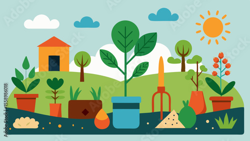 Flat vector illustration of a garden scene with potted plants, tools, trees and sun in a bright countryside landscape