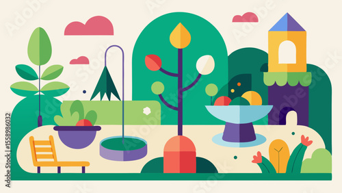 Flat vector illustration of a whimsical garden with fruit trees, bench, swing, and tower under a colorful sky