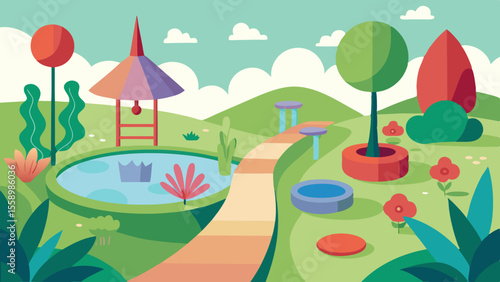 Flat vector illustration of a colorful sensory garden with paths, trees, flowers and a water feature under a blue sky