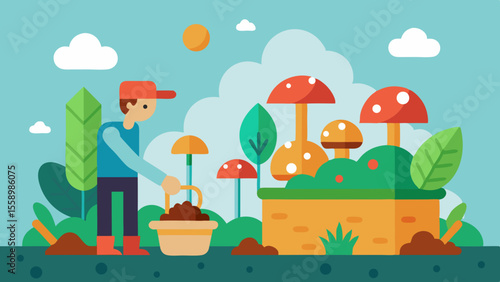 Flat vector illustration of a person harvesting mushrooms in a colorful garden under a sunny sky