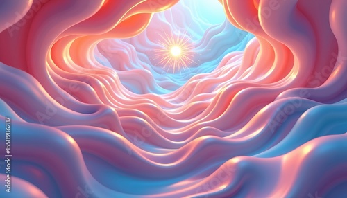 imagine an abstract 3d world where smooth, wavy patterns dance and intertwine in a mesmerizing display of colors, the palette is a dreamy mix of multicolor pastels that blend harmoniously