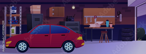 Garage interior with car at night, storage room with auto and repair equipment vector flat cartoon illustration