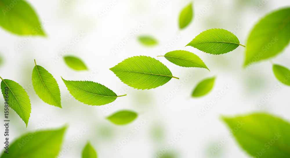 Obraz premium Flying green leaves on white background. Fresh spring foliage. AI generative