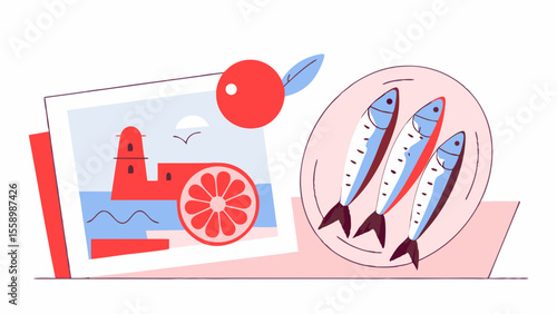 A vibrant illustration featuring fresh fish on a plate and a colorful artwork of a coastal scene with fruits.