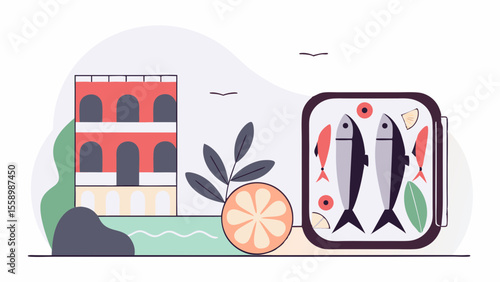 Illustration of fresh fish with citrus and a historic building, capturing a coastal culinary theme.