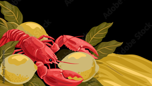 A vibrant red lobster resting on a bed of yellow lemons and green leaves.
